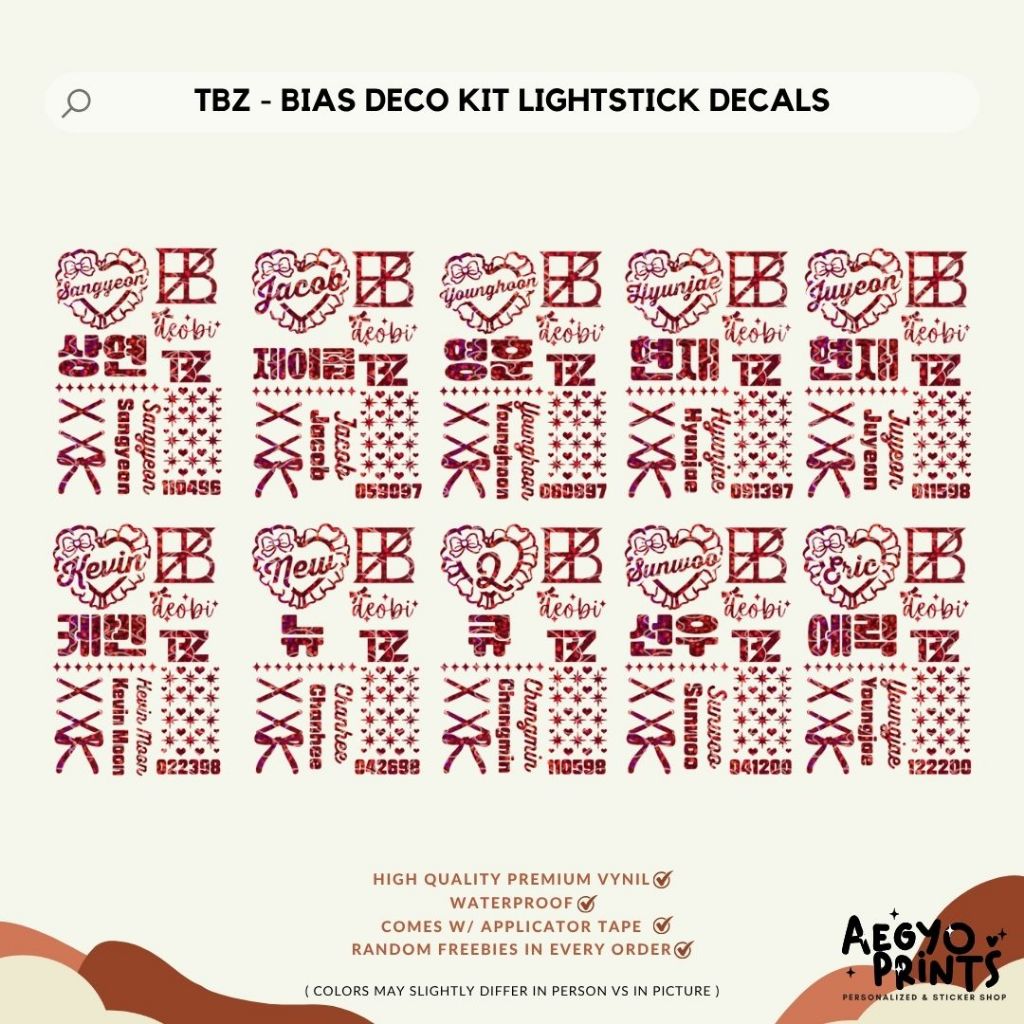 The Boyz - BIAS DECO KIT LIGHTSTICK DECALS FOR DEOBI BONG FAN-MADE BY AEGYOPRINTS