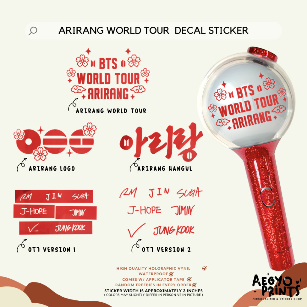 ARIRANG WORLD TOUR FAN-MADE DECAL STICKERS FOR ARMY BOMB by Aegyo Prints